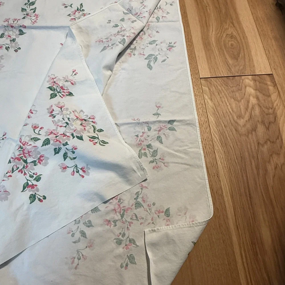 Vintage Wilendur Floral Tablecloth Cherry Blossom White Pink Green Cottagecore